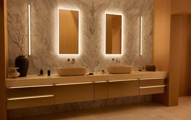 Modern Marble Vanity Bathroom with Warm Lighting
