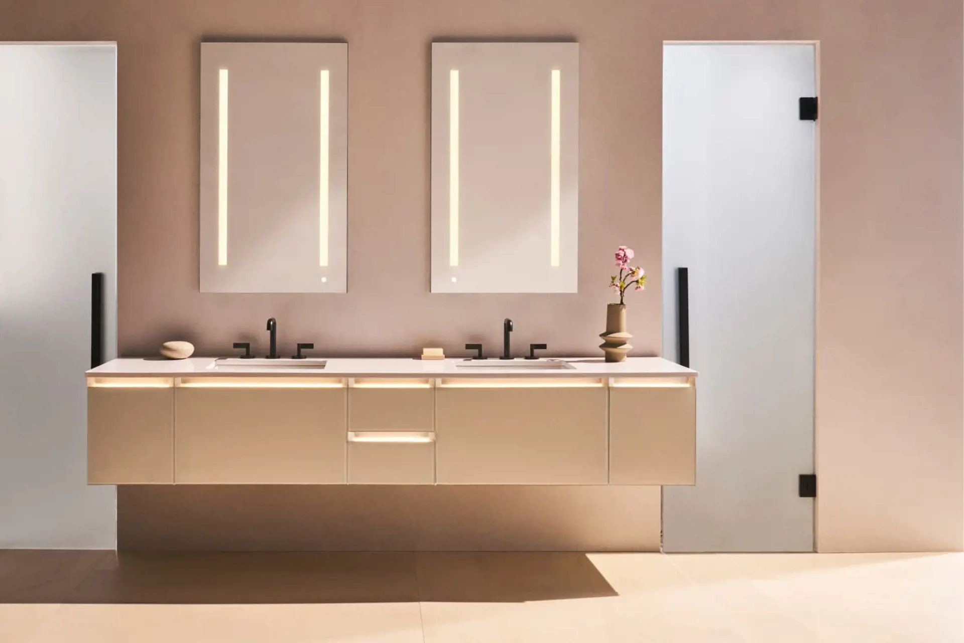 luxury bathroom vanity in elegant pink bathroom