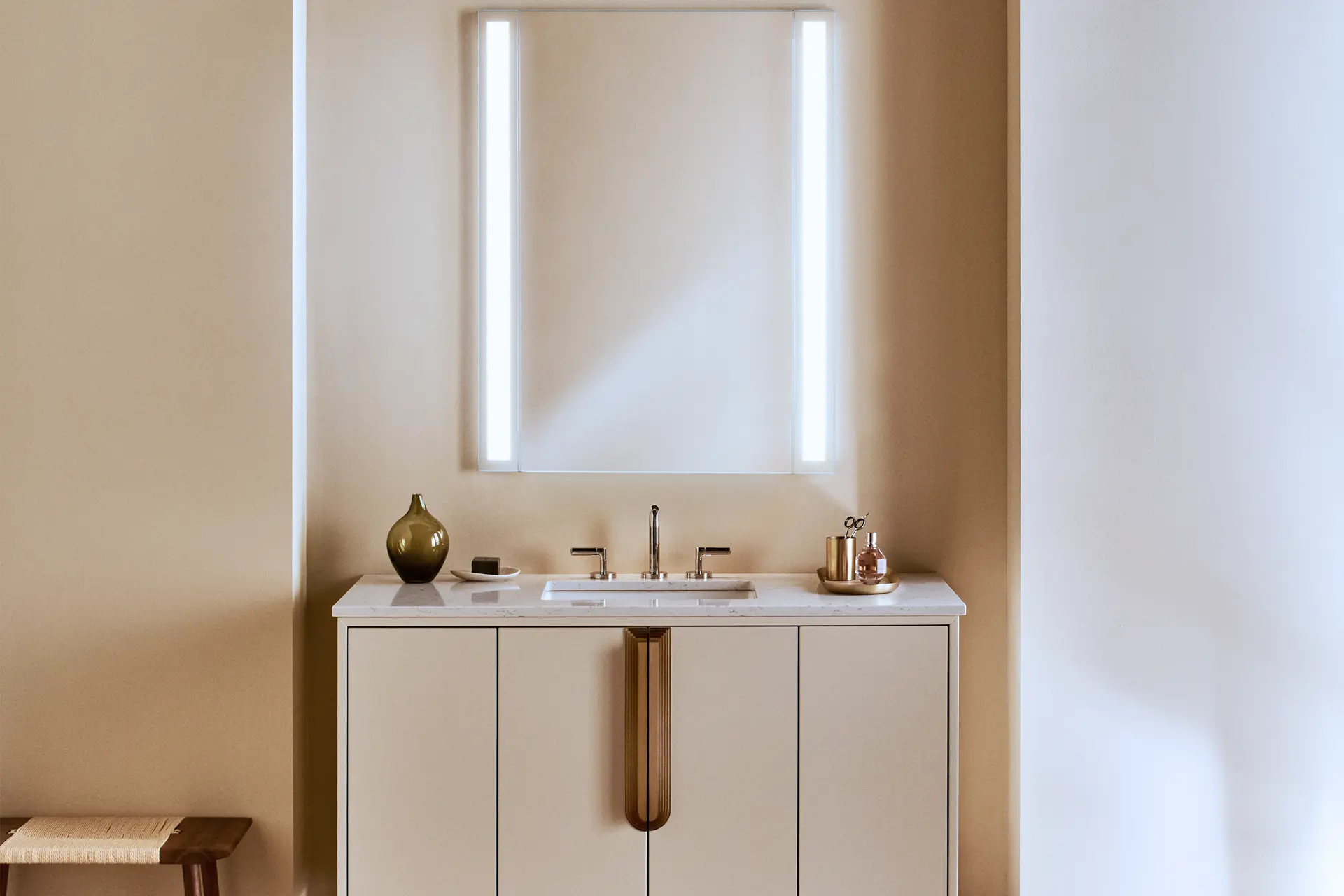 bathroom with high end lighted medicine cabinet